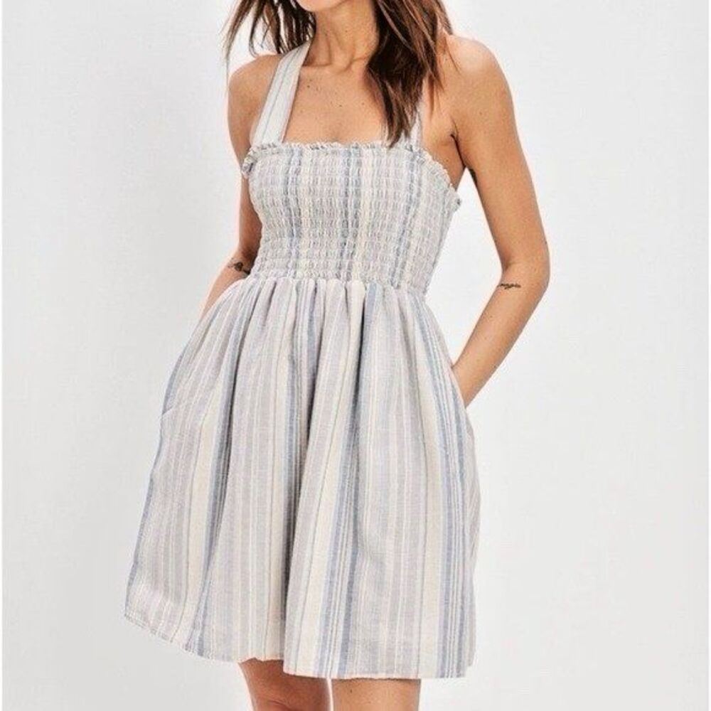 American Eagle Smocked Linen Mini Dress Stripe Square Neck Cottagecore XS NWT